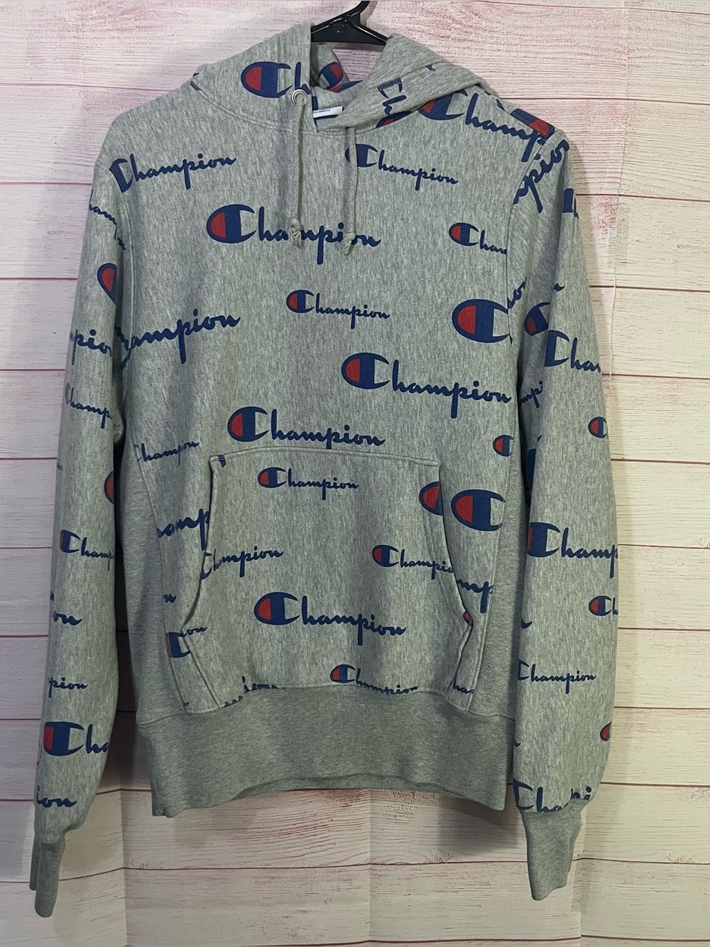 Champion Reverse Weave All Over Logo Drawstring Sweatshirt Hoodie Small